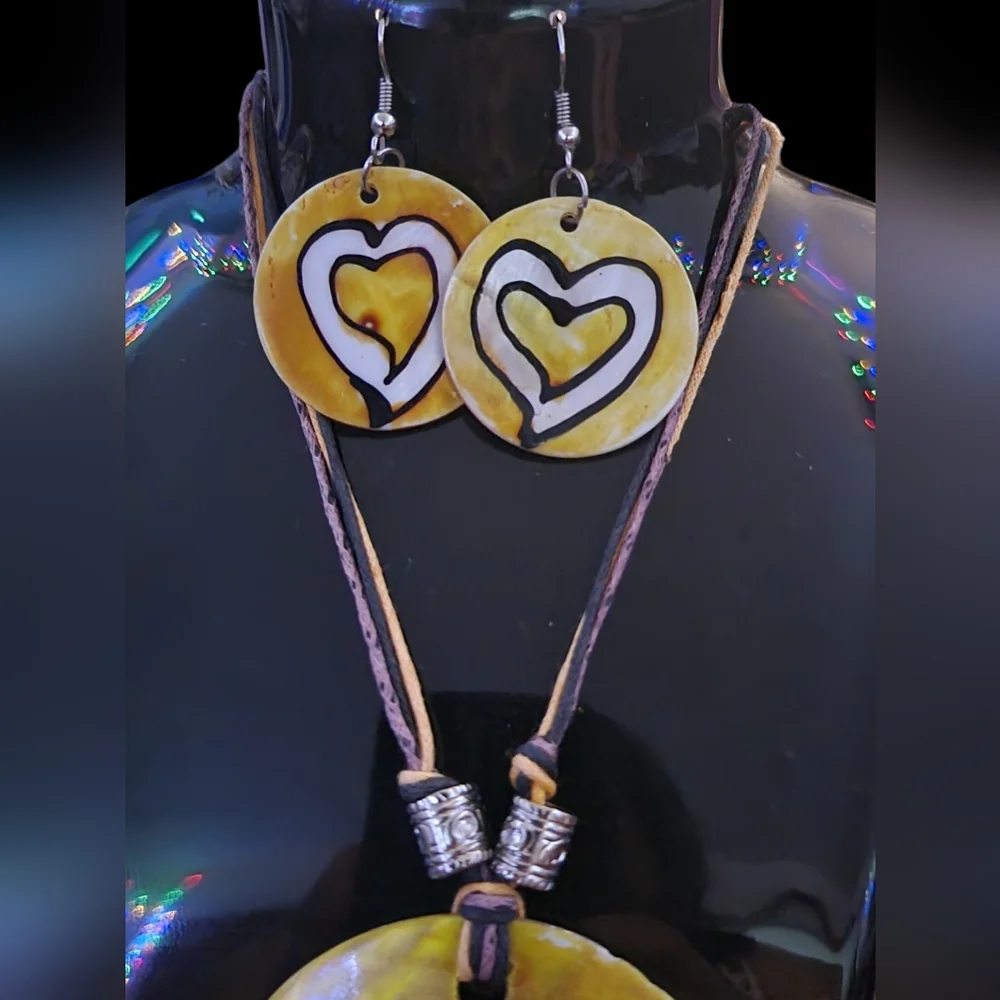 Hand Painted Yellow Heart Shell Coin Statement Artisan Made Necklace & Earrings - Picture 11 of 16